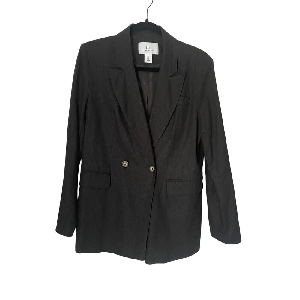 Halston Linen Blazer Black Double Breasted Minimalist Quiet Luxury Jacket S